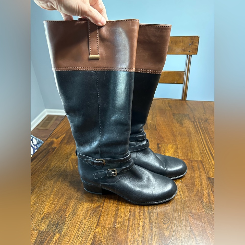 Bandolino Tall Black Riding Boots Brown Trim Size 8 Leather
